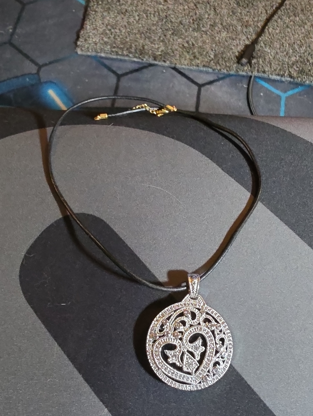 Silver Filigree Heart Circle Pendant Necklace - Black Cord